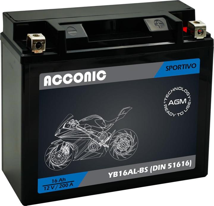 Acconic Sportivo AGM YB16AL-BS Motorradbatterie 16 Ah 12V (DIN 51616) (12 V, 16 Ah)