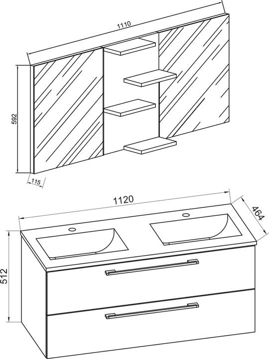 Produktbild VCM 3.-tlg. Doppel Waschplatz Zwei Waschtisch Budasi Spiegel