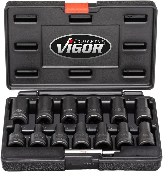 Produktbild Vigor Spiralnutenausdreher-Einsatz Satz ∙ V2404N ∙ 1/2 Zoll (12,5 mm) Vierkant∙ Aussen Schraubenausd… (19 mm, 6 mm, 12 mm, 14 mm, 16 mm, 10  mm, 18 mm, 7 mm, 17 mm, 11 mm, 15 mm, 8 mm, 9 mm, 13 mm)