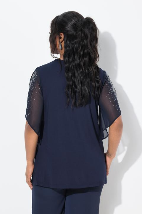 Image du produit Ulla Popken Blouses avec pierres fantaisies, décolleté en V et manches 3/4 en mousseline, coupe évasée (50, 52)