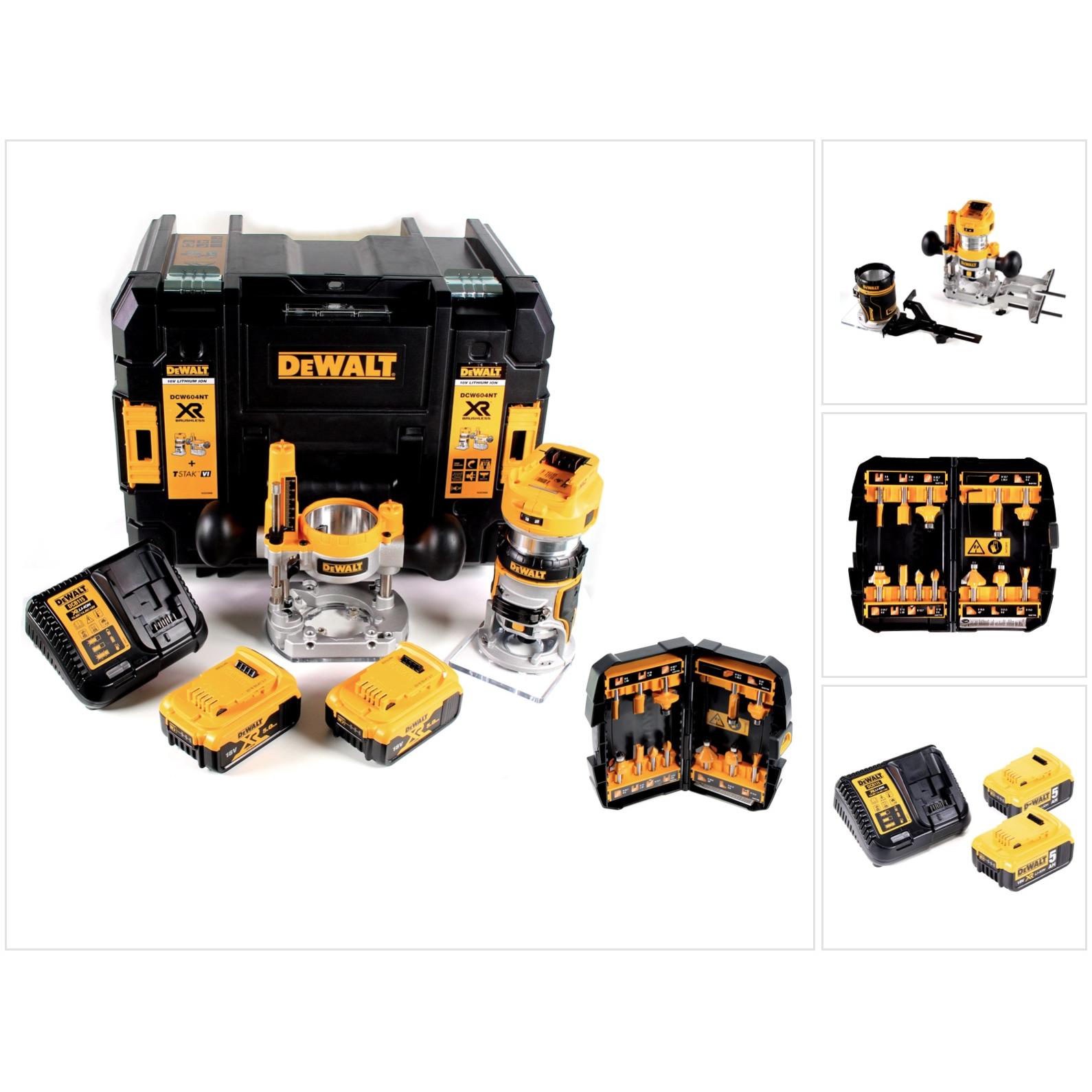 DeWalt, Fresa, DCW 604 P2 Affleureuse/Défonceuse sans fil 18V 55 mm + 2x Batterie 5,0 Ah + Chargeur rapide