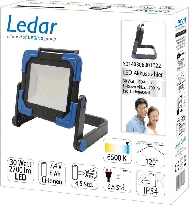 Productafbeelding Ledino Ledar LED oplaadbare spot 30W mobiele verlichting 3000lm, Li-ion batterij 7,4V/8Ah voor bouw (3000 lm)