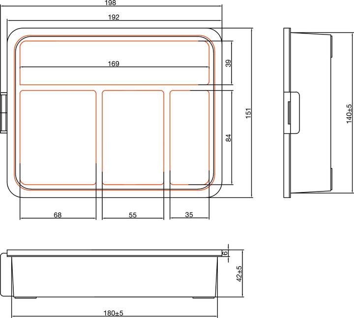 Nutritional values and ingredients InLine Small parts box, 4 compartments, dimensions: 180x140x40mm, orange