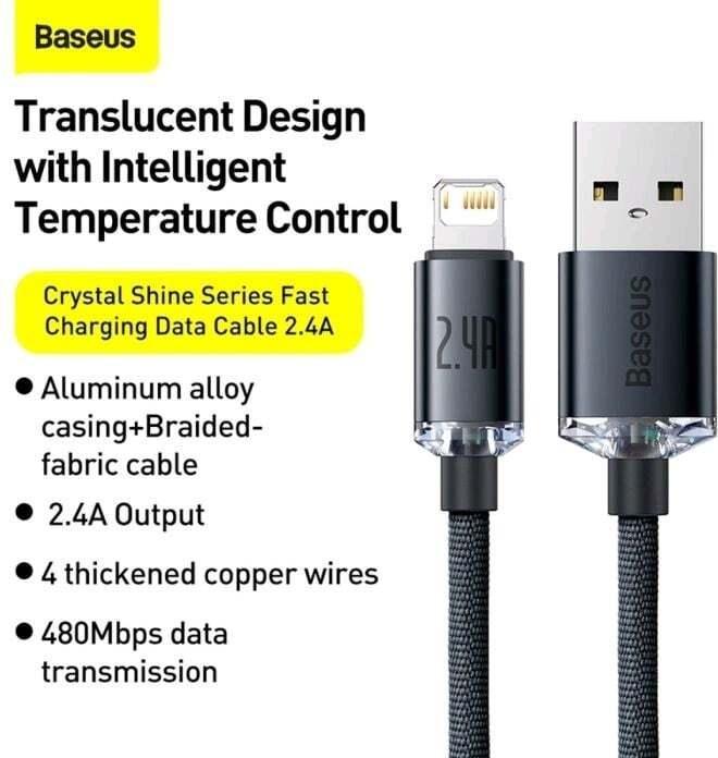 Immagine prodotto Baseus Crystal Shine Series Fast Charging Data Cable USB to iP 2.4A 1.2m Black (1.20 m)