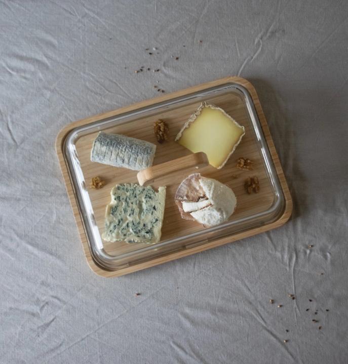 Scatola Per Formaggio In Vetro E Bambù Pebbly - Campana Lavabile In Lavastoviglie - Vassoio Naturale - 27x21,5x9,5 Cm - Conserva E Servi Con Stile