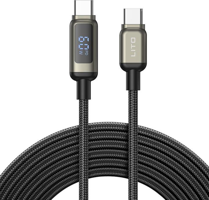 Lito - Data Cable (LD15) - Type-C to Type-C, Fast Charging, Braided Nylon, 60W, LED Display - Black (60 W)