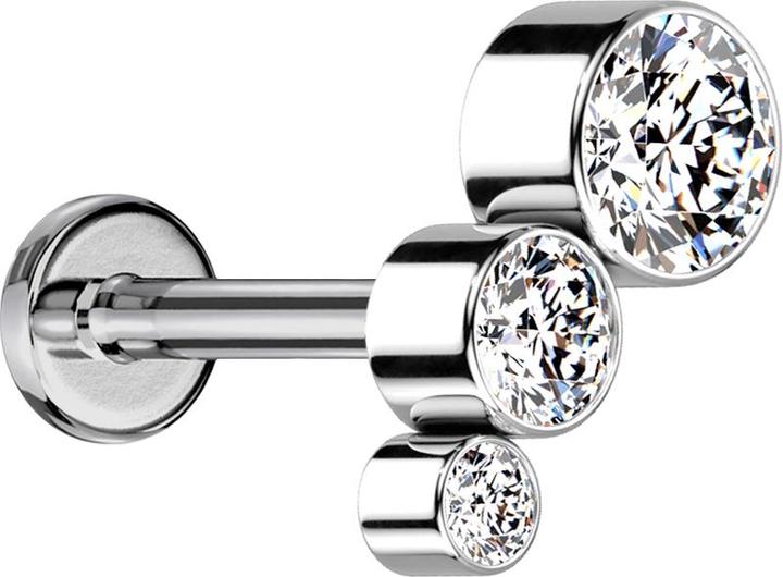 Actual product image Star Piercing Micro Labret internal thread silver descending three crystals silver (Titanium, without brass)