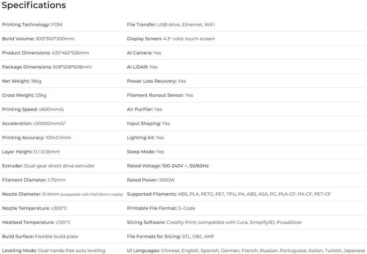 Valori nutrizionali e ingredienti Creality Stampante 3D K1 Max