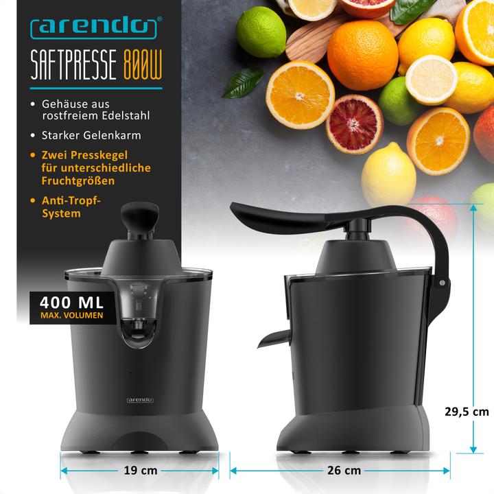 Produktbild Arendo Elektrische Zitruspresse, Entsafter, Einhandbedienung, rostfreier Edelstahl, BPA-frei, 800W, schwarz