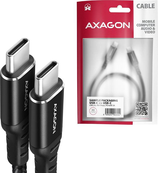 Actual product image Axagon BUCM-CM30AB USB-C to USB-C 2.0 cable, 3 m, PD 60W, 3A, braided - black (3 m, USB 2.0, 60 W)