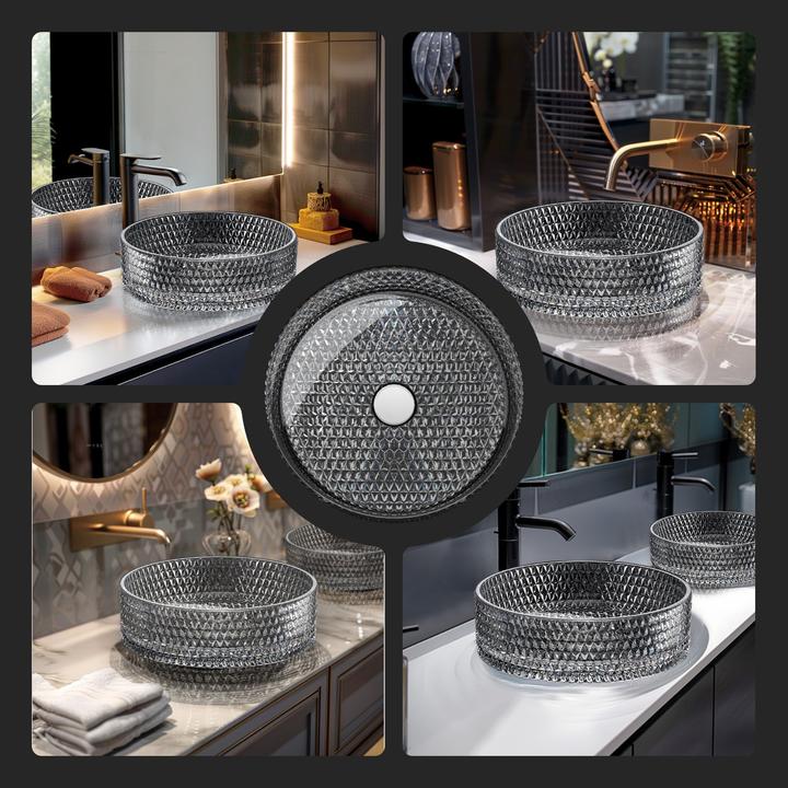 Produktbild Emke Aufsatzwaschbecken, 360 x 360 x 112 mm, Schwarzes Glaswaschbecken, Rundes Aufsatzwaschbecken (360 mm, 360 mm)