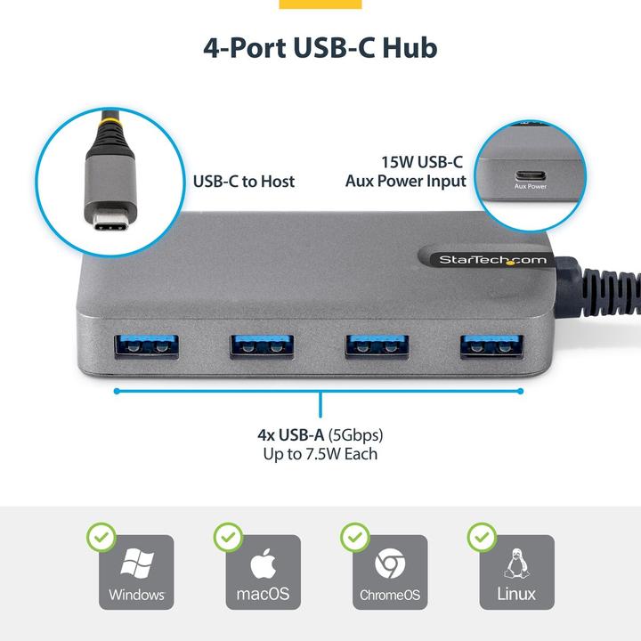 Produktbild StarTech 4-Port USB-C Hub, 5Gbps, Bus Powered (USB-C, 5 Ports)