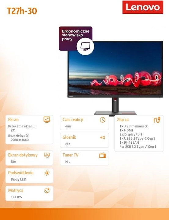 Image du produit Lenovo ThinkVision T27h-30 (2560 x 1440 pixels, 27")