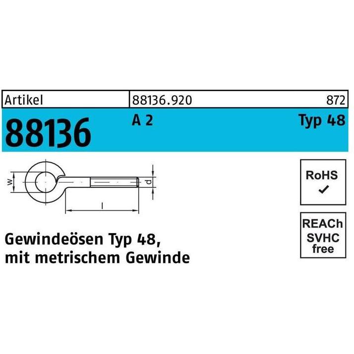 Dübel, Gewindeöse R 88136 Typ 48 M 4 x 20 D 6 A 2 (50 Stk.)
