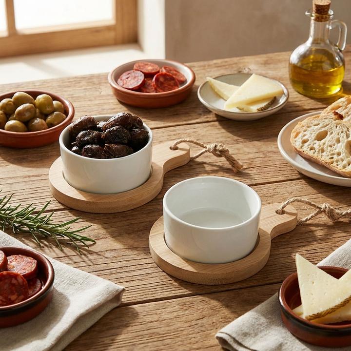 Image du produit Casativo Lot de 4 bols en bambou, bols à tapas en céramique sur plateau de service