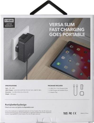 Produktbild Uniq Unique order. network. Versa Slim USB-C PD 18W + USB-C to USB-C cable black (18 W, 1 Port)