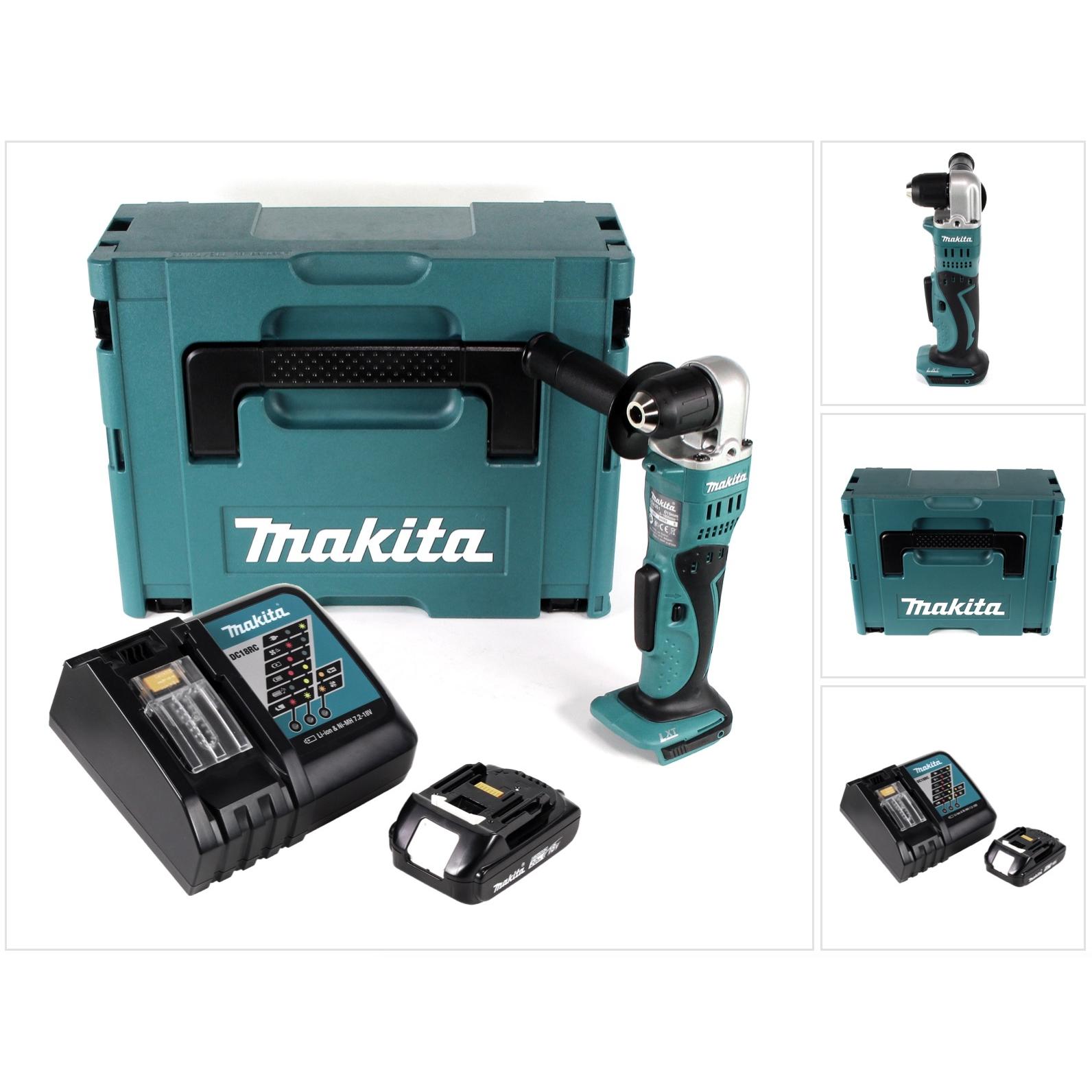 Makita, Bohrmaschine + Akkuschrauber, DDA 351 RA1J Akku Winkelbohrmaschine 18 V 13,5 Nm + 1x Akku 2,0 Ah + Ladegerät + M...