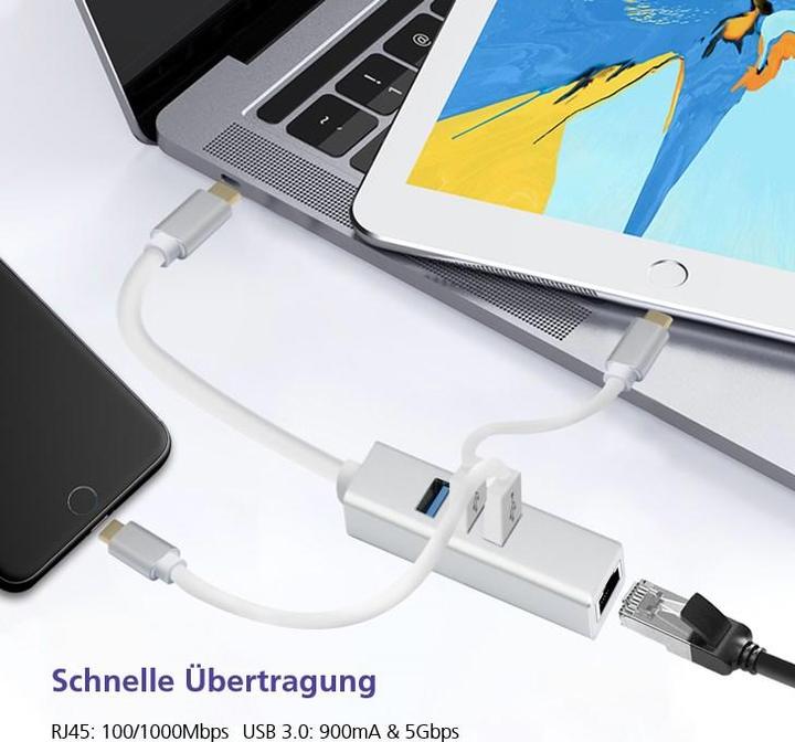 Image du produit Helos HUB, USB 3.1 Type-C™St./3x USB + RJ45 Gigabit Ethernet, PREMIUM 4K, argent HUB USB Type-C™ avec USB (USB-C, 4 Ports)
