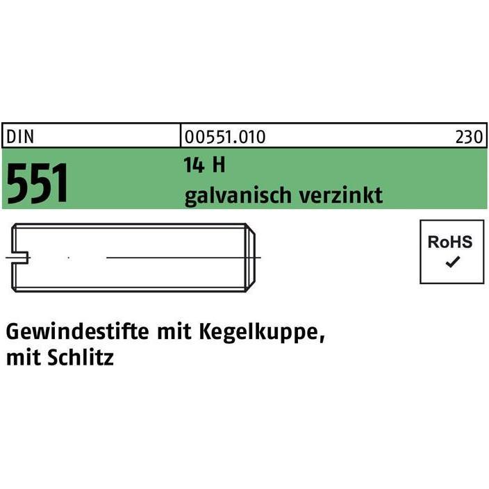 Reyher, Schrauben, Gewindestift DIN 551 m.Kegelkuppe/Schlitz M 12 x 45 14 H galvanisch verzinkt (100 Schrauben pro Stück...