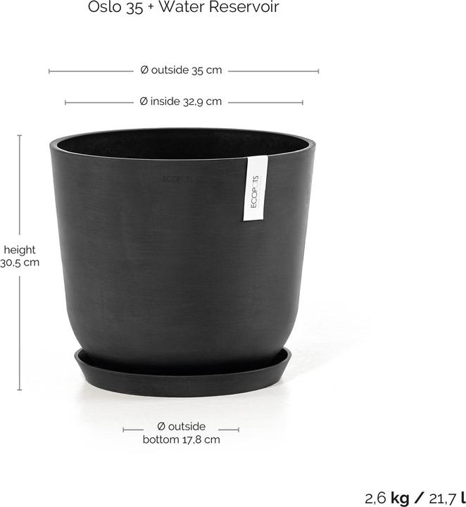 Produktbild Ecopots Oslo 35 + Blumentopf mit Wasserreservoir - L 35 cm x H 30,5 cm - Innen- und Aussenbereich (35 x 30.50 cm)