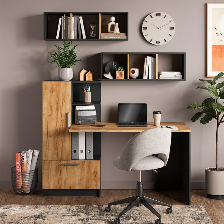 Produktbild Vicco Schreibtisch-Set Tomy, Anthrazit/Goldkraft Eiche, 150 x 59 cm 3er Set da 2 Regale+Schreibtisch