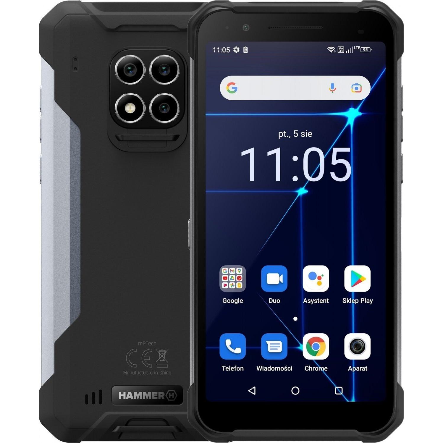 Hammer Construction (128 GB, Schwarz, Silber, 6", SIM + eSIM, 16 Mpx, 4G), Smartphone, Schwarz