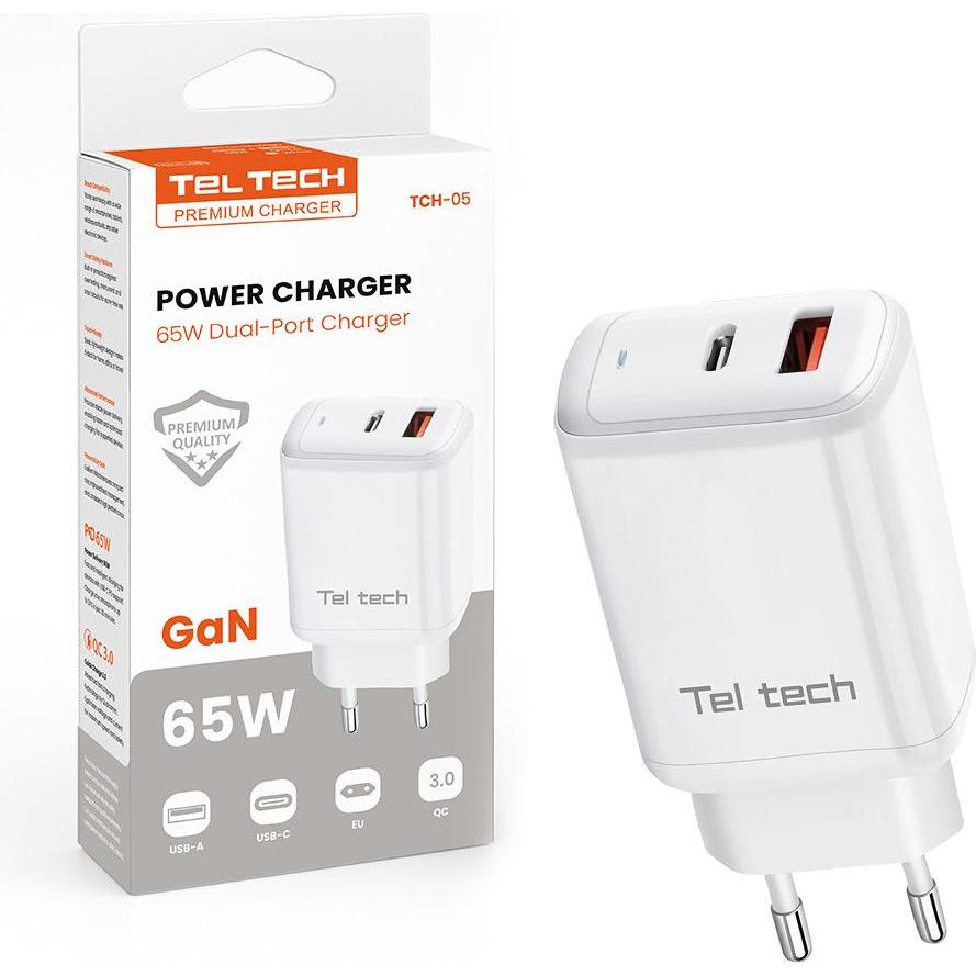 Teltech GAN 65W WEISSES WAND-LADEGERÄT USB+TYPE-C TCH-05 (65 W, 2 porte), Caricatore USB, Bianco