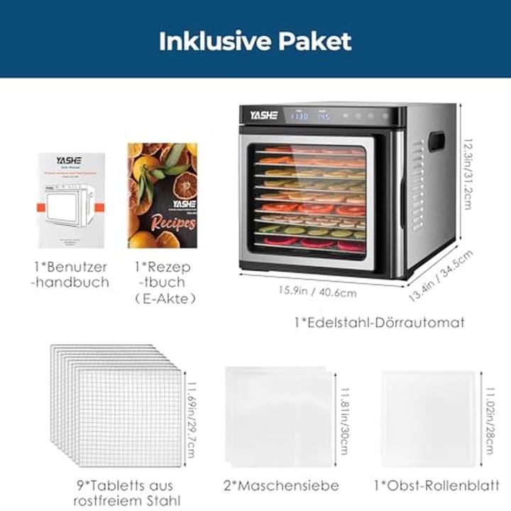 Immagine prodotto Yashe Essiccatore per alimenti con display LED, controllo temperatura e 9 vassoi