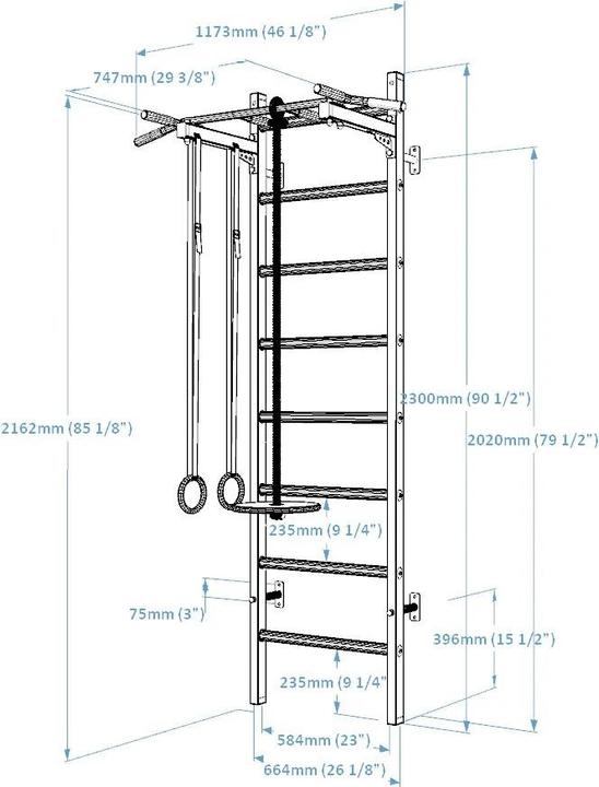 Immagine prodotto BenchK Barre a muro 222 con barra multi pull-up, corda e anelli