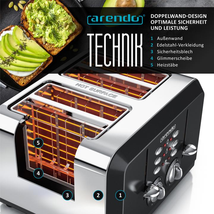 Produktbild Arendo Edelstahl Toaster 4 Scheiben, Automatik, Edelstahl, Wärmeisolierendes Doppelwandgehäuse, schwarz