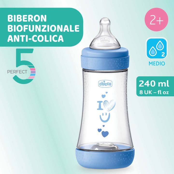 Immagine prodotto Chicco Babyfläschchen PERFECT5 PP 240ml Sauger Silikon mittlerer Fluss DRAFT BLUE 2m+ (240 ml)