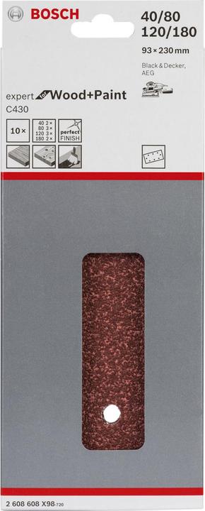 Image du produit Bosch Professional Zubehör Feuille abrasive C430. Pack de 10. 8 trous. 93 x 230 mm. 2x40. 3x80. 3x120. 2x180 (2x40, 3x80, 3x120, 2x K180)
