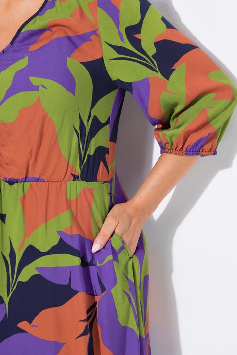 Image du produit Ulla Popken Robe midi coupe évasée, motif feuilles, décolleté en V et manches 3/4 (52)