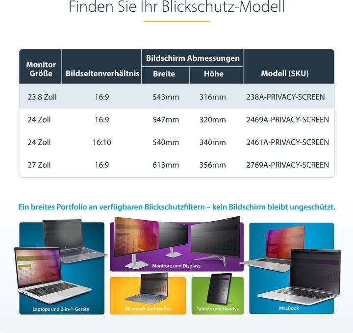 Produktbild StarTech COM 60,45cm 23,8Zoll 16:9 Computer Monitor Blickschutzfilter Hängefilter/Acrylfilter Sichsc (23.82", 16:9)