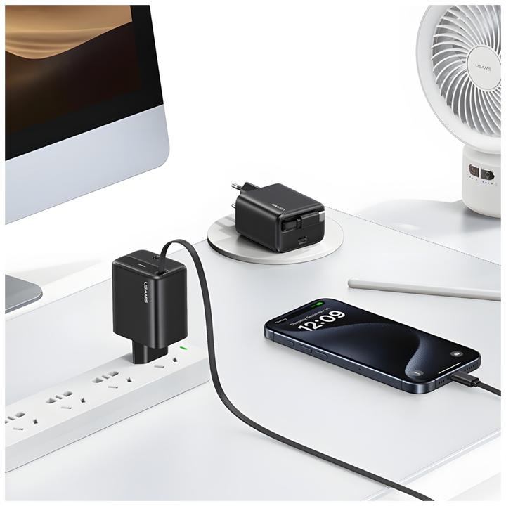 Image du produit Usams Ład. siec. 1xUSB-C ze zwijanym kablem USB-C Retractable PD+QC 30W Gan Fast Charging czarny/bla (30 W)