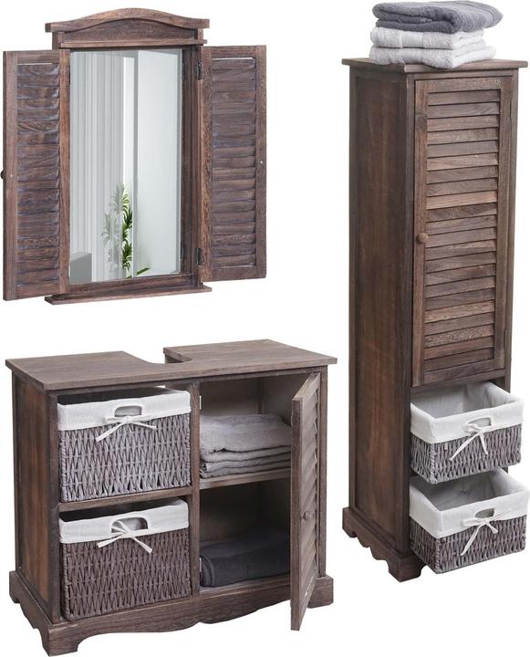 Mendler Bathroom set, bathroom furniture set tall cabinet washbasin base cabinet wall mirror - shabby brown