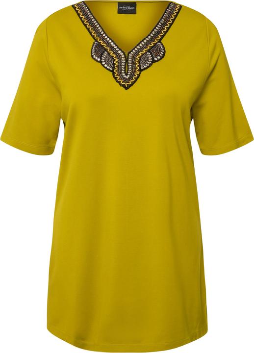 Image du produit Ulla Popken T-shirt avec broderies, silhouette en A évasée, col tunisien et manches courtes (50, 52)
