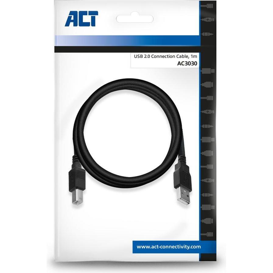 Thumbnail - ACT 1 meter USB 2.0 connection cable A male - B male, Zip Bag (1 m, USB 2.0), USB Kabel