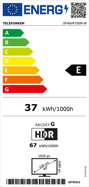 Energie-Label Telefunken Fernseher 40 Zoll Smart TV VIDAA XF40VP750M-W Full HD Fernseher HDR TV mit Triple-Tuner (40", LED, Full HD, 2025)