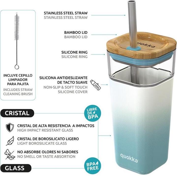 Immagine prodotto Quokka Cubo di vetro 540 ml - contenitore per bevande con cannuccia - Gradiente verde acqua (0.54 l)