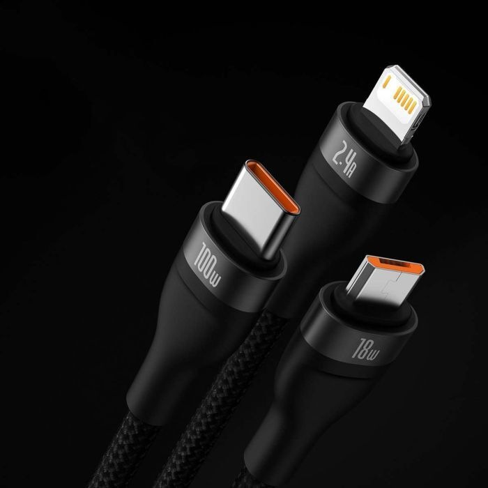 Produktbild Baseus 3in1 USB cable Flash Series, USB-C + micro USB + Lightning, 100W, 1.2m (black) (1.20 m, USB 3.2 Gen 1)