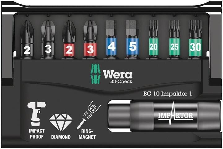 Actual product image Wera Bit-Check 10 Impaktor 1 SB (Hexagon, 1/4 in external hexagon, TORX® BO, PH, PZ)
