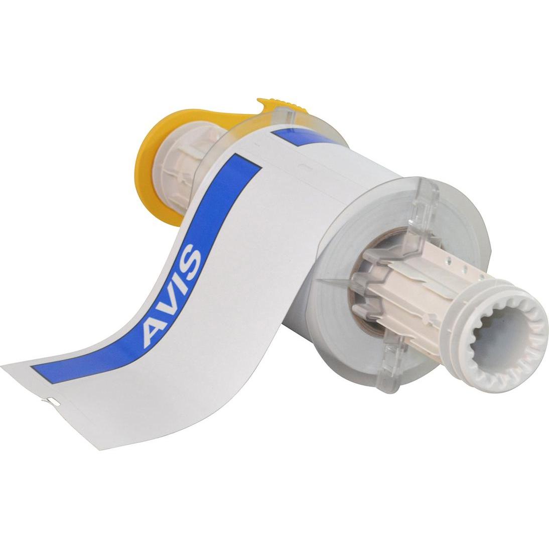 Brady, Etikettenrol, B85-102x152-595-AVIS, voorbedrukte vinyl etiketten, wit op blauw, glanzend, 101,60 x 152,40 (15.24 cm)