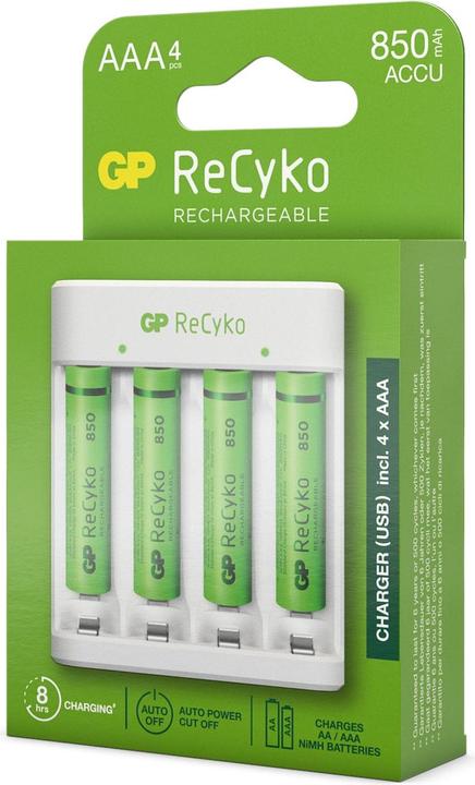 Produktbild GP Batteries USB-Modell Ladegerät GP E411 inkl. 4x ReCyko 1,2V AAA Micro 850 mAh Akkus (1 Stk., 850 mAh, Ladegerät inkl. Akku)