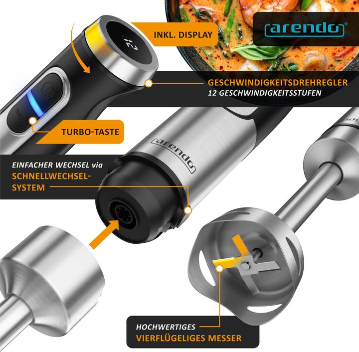 Produktbild Arendo Stabmixer Edelstahl Pürierstab,1500 Watt, Handmixer, 12 Stufen, Schneebesen & Mixbecher, DC-Motor