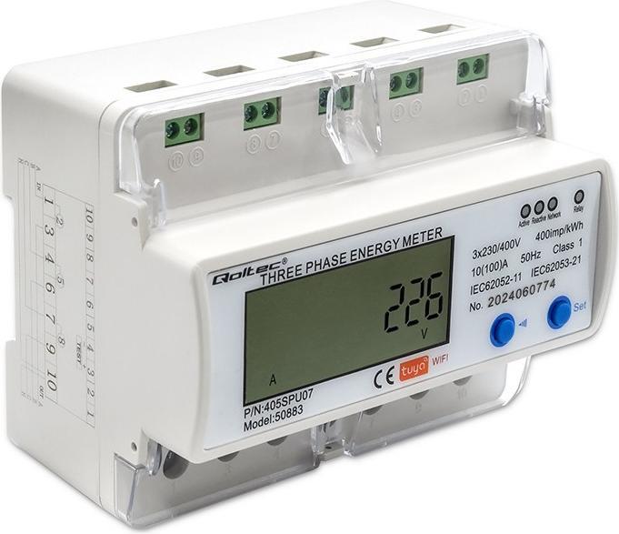Qoltec 50883 Three phase electronic energy consumption meter for DIN rail | Wi-Fi | TUYA | 400V | LC