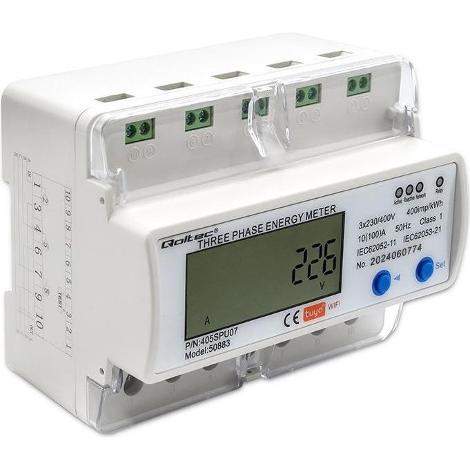 Qoltec, Energiemessgerät, 50883 Three phase electronic energy consumption meter for DIN rail Wi-Fi TUYA 400V LC