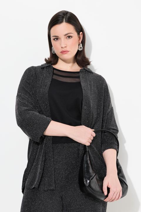Actual product image Ulla Popken Damen grosse Grössen Jerseybluse, Glitter, Hemdkragen, Langarm schwarz 54+ 832683100-54+ (54)