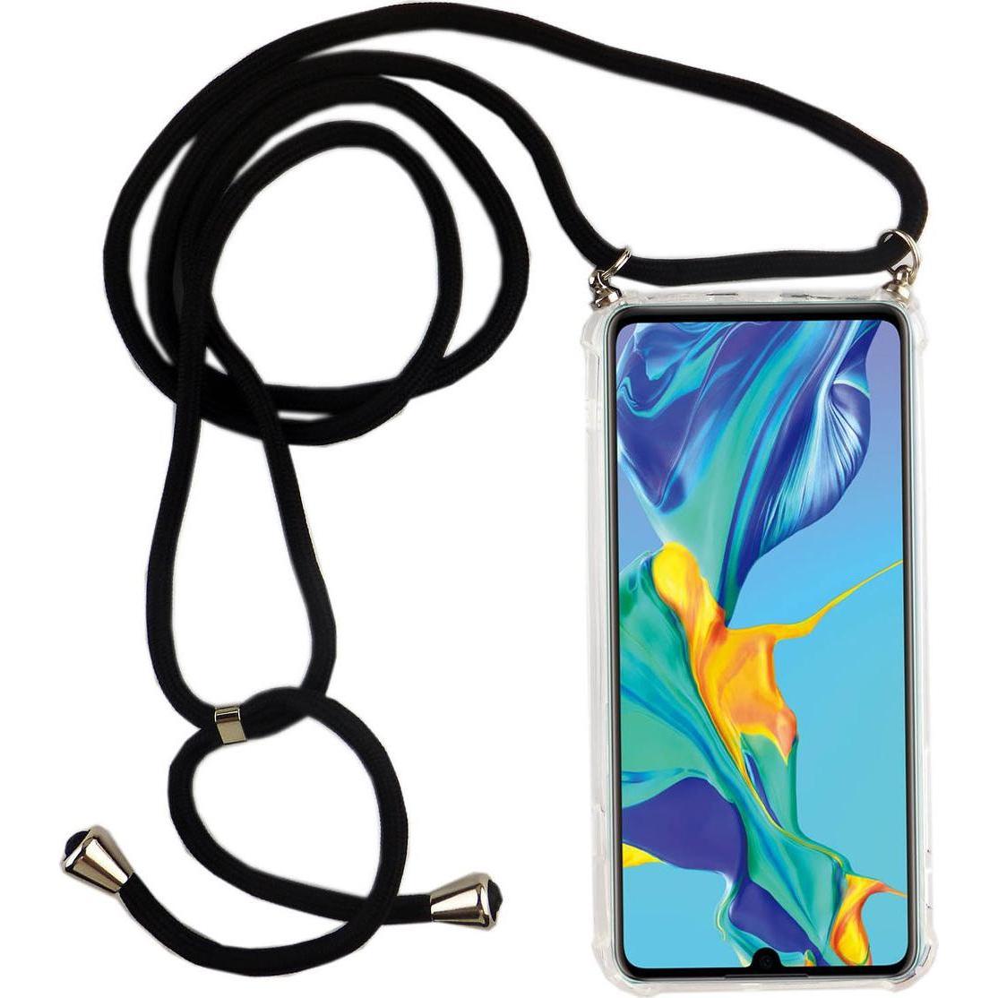 König Design Huawei P30 Handykette Hülle mit Band Case zum umhängen mit Kordel Tasche Schwarz, Handykette, Transparent