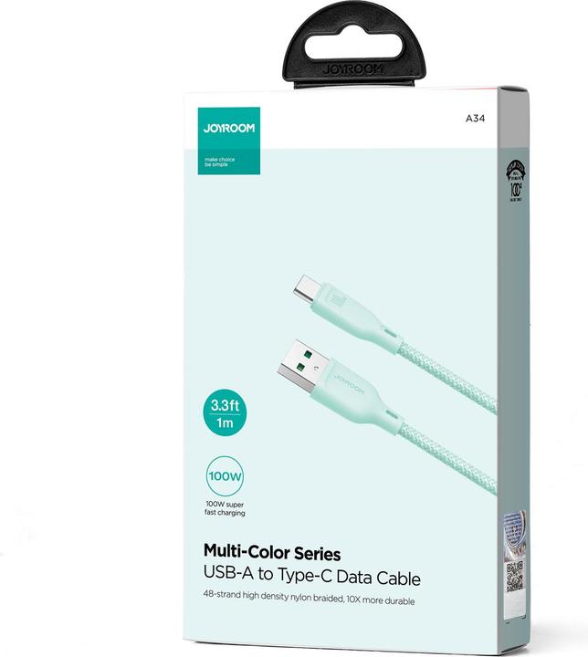Actual product image Joyroom Multi-Color Series SA34-AC6 USB-A / USB-C Cable 100W Fast Transfer 1m - Green (1 m, USB 3.2 Gen 1, 100 W)